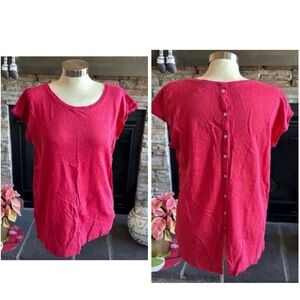 Tahari Red Cap Sleeve Buttoned Back Linen Blouse